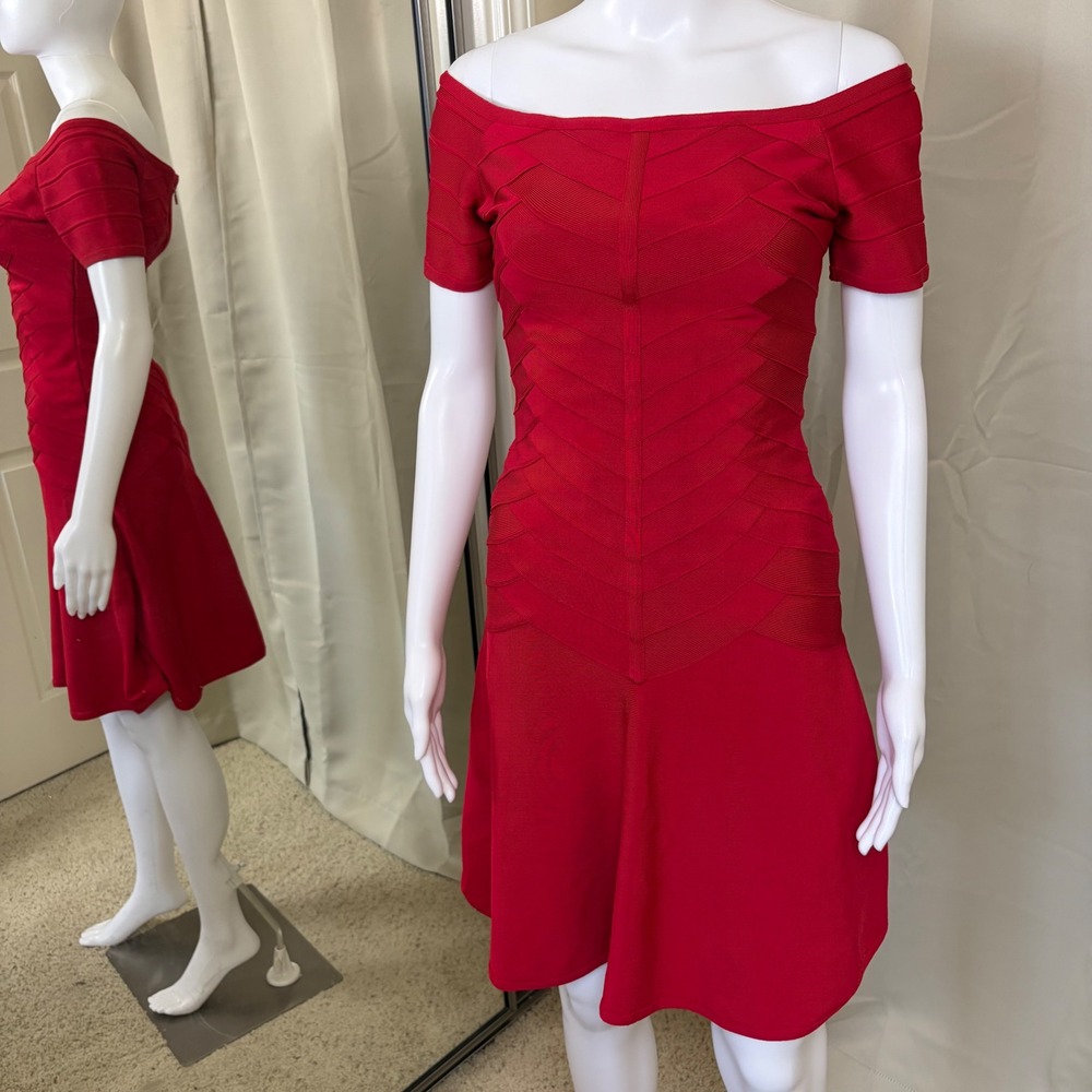 Herve Leger Red Off the Shoulder Bandage A-Line Dress HOI66P37 Small